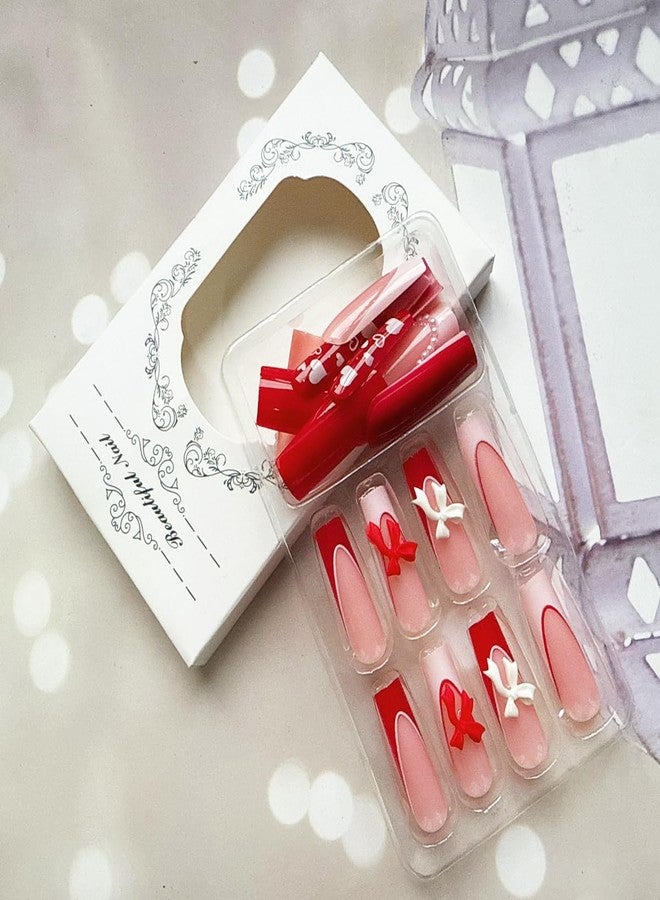 SINSEN 24Pcs Long Square Press on Nails French Tip Fake Nails Valentines False Nails with 3D Bow Heart White Pearl Design Cute Acrylic Nail Full Cover Reusable Hearts Glue on Nails for Women Manicure DIY - Image 5